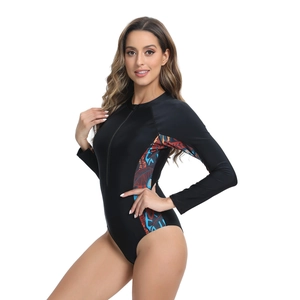 Maillot de bain une pièce à manches longues avec imprimé palmier tropical et zip frontal