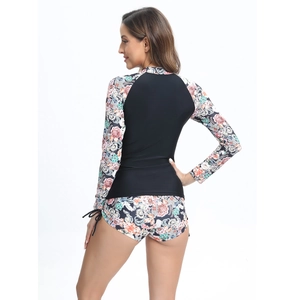 Rear view of long sleeve rash guard and floral swim shorts showing back fit and print