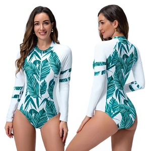 Women Tropical Leaf Print Long Sleeve One Piece Swimsuit Front Zipper Rash Guard Surfing Suit Bathing Suit Sun Protection Swimwear