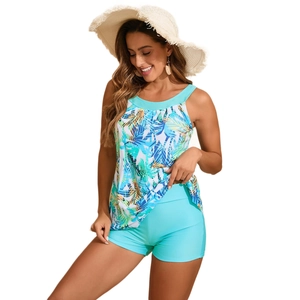 Two-piece tankini swimsuit with tropical palm leaf print and high-waisted boy shorts