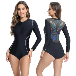 Women Long Sleeve One-Piece Swimsuit Sun Protection Surfing Suit Front Zipper Contrast Stitching Black Floral Print Rash Guard
