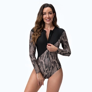 Detail of long sleeve swimsuit with python print pattern and front zipper closure