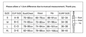 Size chart for three-piece bikini set including bust, waist, and hip measurements in cm