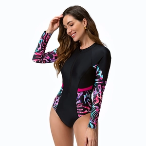 Long sleeve one-piece surfing swimsuit with tropical floral print and front zipper