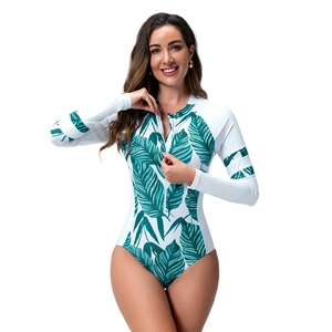Women long sleeve one piece swimsuit with green palm leaf print and front half zipper