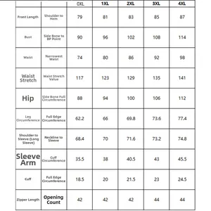 Detailed size chart for plus-size long sleeve surfing swimsuit with precise measurements
