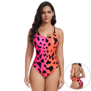 Pink orange gradient one-piece swimsuit with cow print and cross-back straps