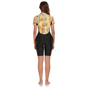 Rear view detail of short-sleeved one-piece swimsuit with yellow floral tropical print