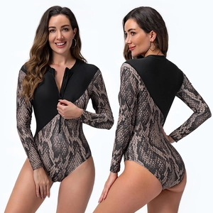 Women's Long Sleeve One-Piece Swimsuit Snake Print Stitching Front Zipper Rash Guard Surfing Suit Bathing Suit Sporty Swimwear