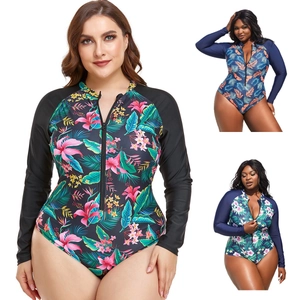 Women Plus Size Long Sleeve Rash Guard One Piece Swimsuit Tropical Floral Print Front Zipper Tummy Control Surfing Suit