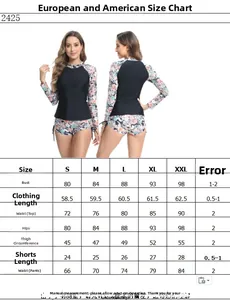 Detailed size chart for women's two-piece long sleeve swimsuit showing S to XXL dimensions