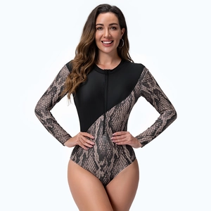 One-piece long sleeve swimsuit with snake print and front zipper for surfing and swimming