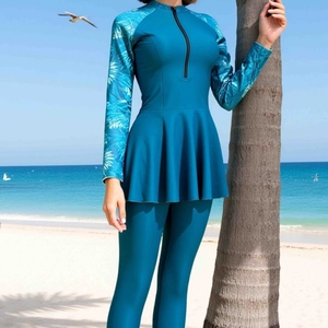Maillot de bain burkini bleu avec imprimé tropical et fermeture éclair frontale