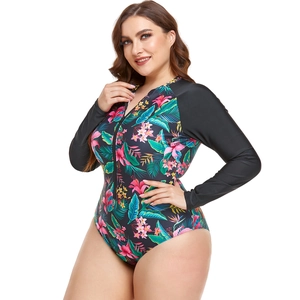 Women's plus size long sleeve surfing swimsuit with tropical floral print and front zipper