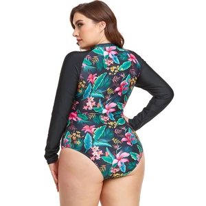 Women's plus size long sleeve one piece swimsuit with tropical floral print on back