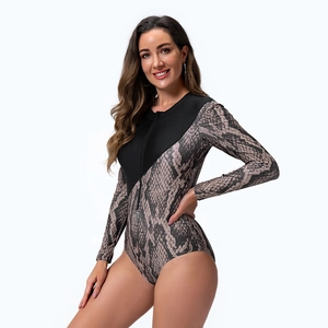 Women's long sleeve one-piece swimsuit with snakeskin print and front zipper