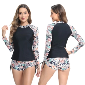 Women Two-Piece Long Sleeve Rash Guard Swimsuit Floral Tropical Print Rashguard Top And Shorts Conservative Surfing Suit
