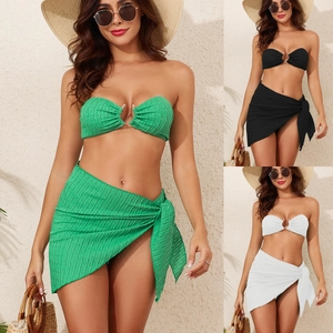 Women Ribbed Bandeau Top And Bikini Bottom And Wrap Skirt Vacation Beach Swimwear Metal Ring Detail Solid Color Bikini Set
