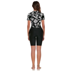 Back view of short sleeve one piece floral surfing swimsuit with tropical botanical print