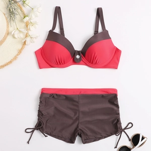 Two-piece red and brown bikini set with drawstring details and waist belt accents