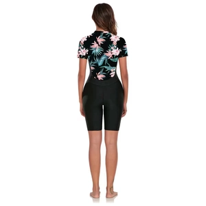 Rear view of floral print short sleeve one-piece swimsuit with black boyleg bottom
