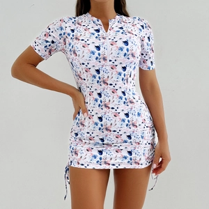 Maillot de bain de surf à manches courtes, motif floral, zip et cordons latéraux