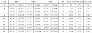 Tableau des tailles détaillé pour maillots de bain manches longues femme du S au 6XL plus