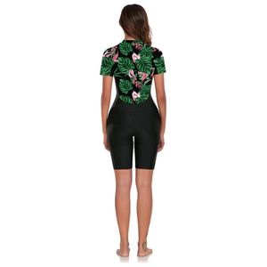 Back view of short-sleeve one-piece surfboard swimsuit with tropical leaf and floral print