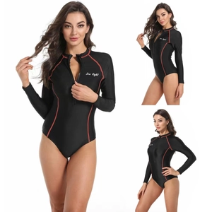 Traje de Baño Deportivo de Una Pieza para Mujer Manga Larga Rash Guard Cremallera Frontal Costuras de Contraste Surf Atlético