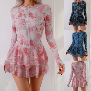 Women's Long Sleeve One-Piece Swimsuit Tropical Leaf Print Zip-Up Skirted Surfing Suit Rash Guard Sun Protection Swimwear
