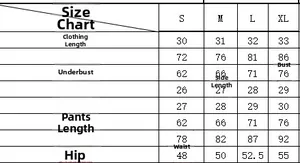 Detailed size chart for women's two-piece bikini swimsuit with measurements from S to XL