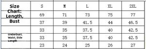 Size chart for high waist two-piece bikini set including length bust waist and hip metrics