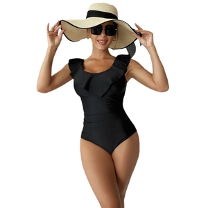 Costume intero nero elegante con scollo a V a balze e schiena scoperta sexy