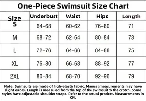 Size chart for one-piece swimsuit showing S to 2XL measurements in centimeters
