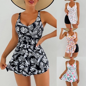 Women Split Swimsuit Set High Waist V-Neck Printed Swim Dress With Boy Shorts Tropical Floral Print Bathing Suit Beachwear