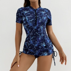 Maillot de bain de surf deux pièces à manches courtes avec imprimé floral et cordon