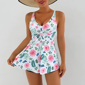 Women's V-neck floral swim dress with high waist tummy control and pink flower print