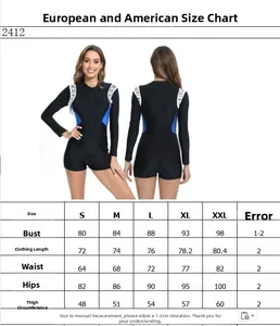 Detailed size chart for women's long sleeve color block one-piece swimsuit S to XXL