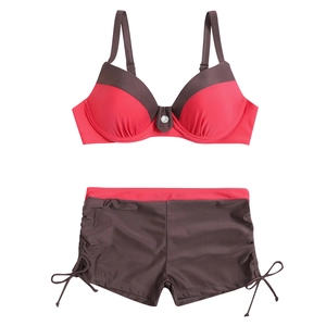 Two-piece split bikini set in red and brown with underwire cups and side tie shorts