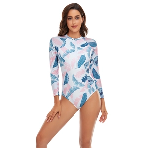 Damen Langarm Einteiler Surf-Badeanzug mit Tropenprint und vorderem Reißverschluss