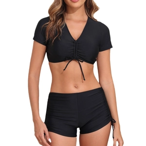 Two-piece black short sleeve bikini set with V-neck drawstring top and high waist boy shorts