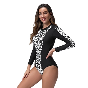 Detailed view of long sleeve swimsuit featuring leopard print and front zipper closure