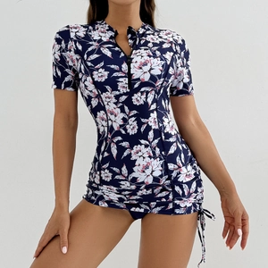 Maillot de bain une pièce à fleurs avec fermeture éclair et cordon de serrage latéral