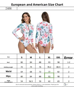 Tableau des tailles détaillé pour maillot de bain surf à fleurs manches longues femme