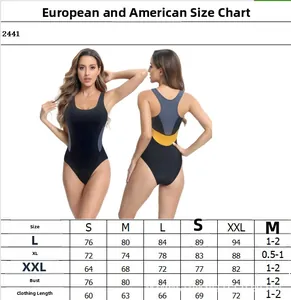 Detailed size chart for women's one-piece athletic swimsuit covering sizes S to XXL