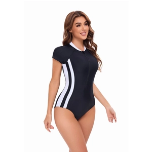 Close-up of short-sleeved swimsuit featuring contrast white stripes and front half-zipper