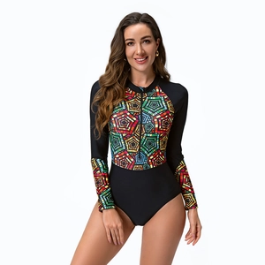 Close-up of long sleeve surfing swimsuit with front zipper and star mosaic prints