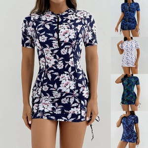 Maillot de Bain de Surf à Manches Courtes avec Fermeture Éclair Avant pour Femmes Imprimé Tropical Monokini avec Cordon