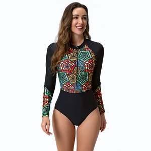 Detail of long sleeve surfboard swimsuit with mosaic pattern and front zipper closure