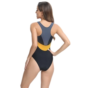 Women's racerback one-piece swimsuit in black, grey and yellow for athletic swim training